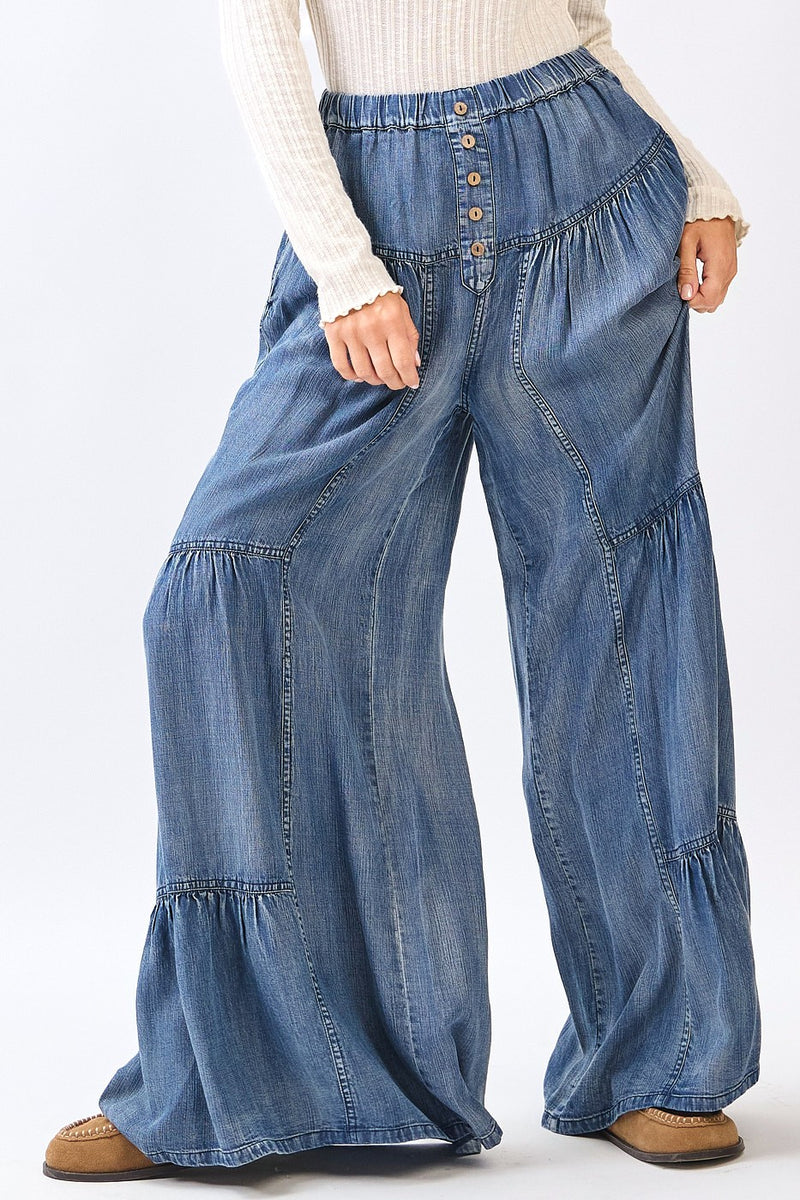 Chambray Tiered Flare Pants With Button Details