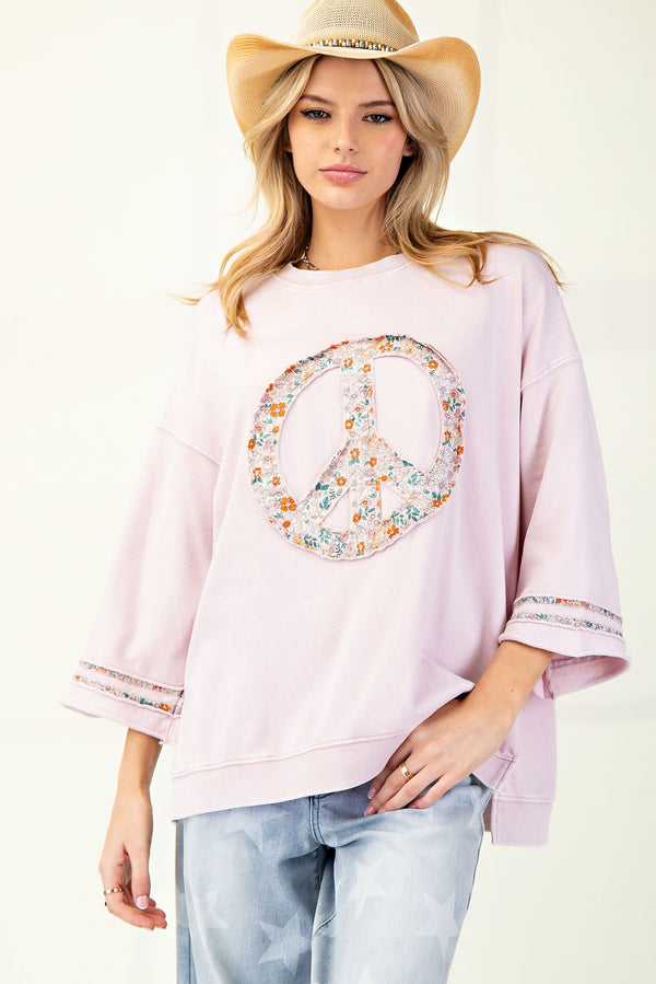 Lavender 3/4 Sleeve Top with Peace Sign Patchwork and Side Slits