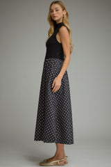 Black and White Polka Dot Sleeveless Midi Dress