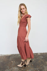 Solid Flutter Sleeve Smocked Midi Dress