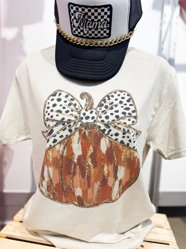 Gold Glitter Pumpkin Bow Beige Tee