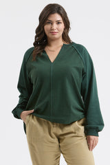 Curvy Hunter Green Exposed Seam Long Sleeve Knit Top