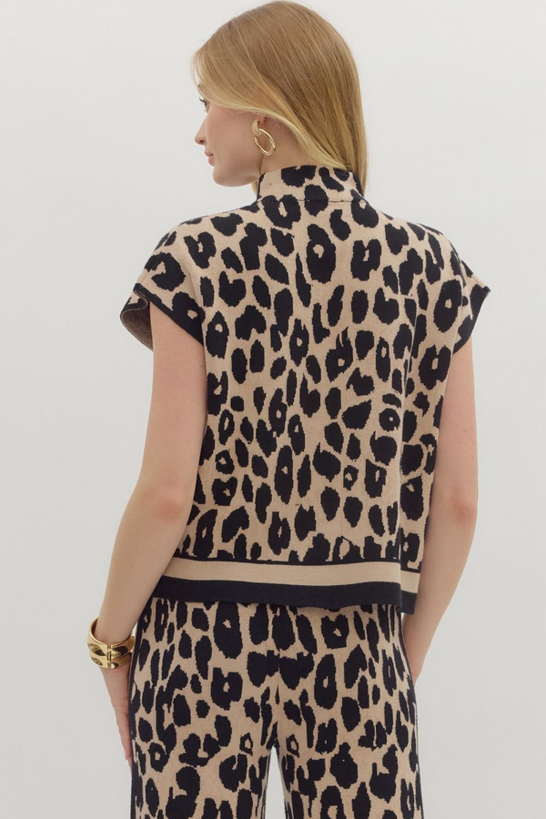 Curvy Leopard Print Sleeveless Sweater Black Trim