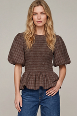 Brown Plaid Short Puff Sleeve Smocked Top