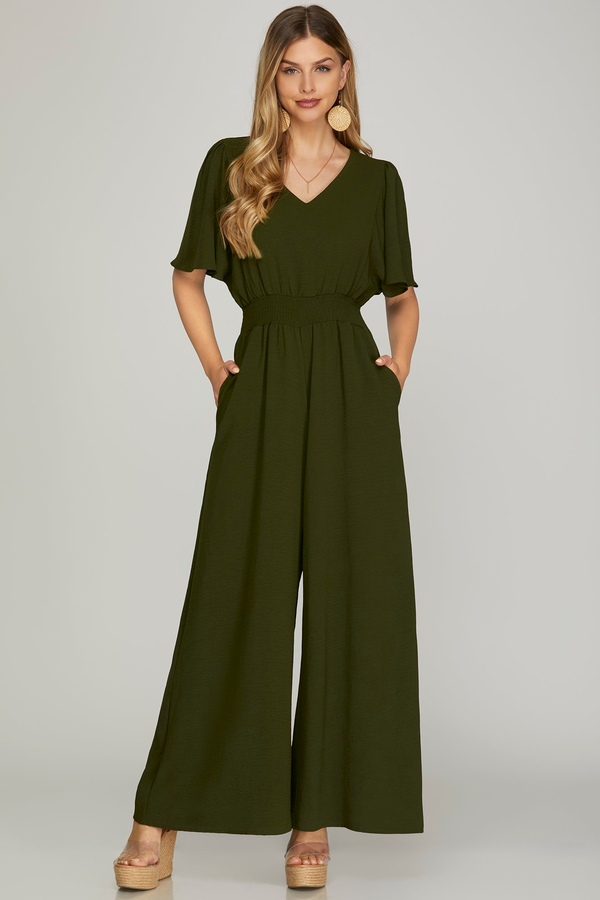 Olive Flounce Sleeve Smock Waist Wide Leg Jumpsuit