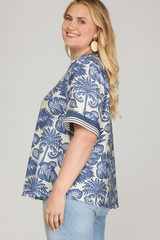 Curvy Blue Printed V-neck Top