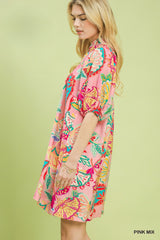 Pink Mix Paisley Print V Neck Dress