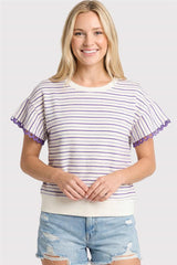 Striped Embroidered Round Neck Top