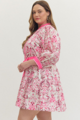Curvy Pink Paisley Front Button Long Sleeve Dress