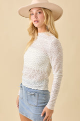 Ivory Floral Embossed Print Flower Knit Top