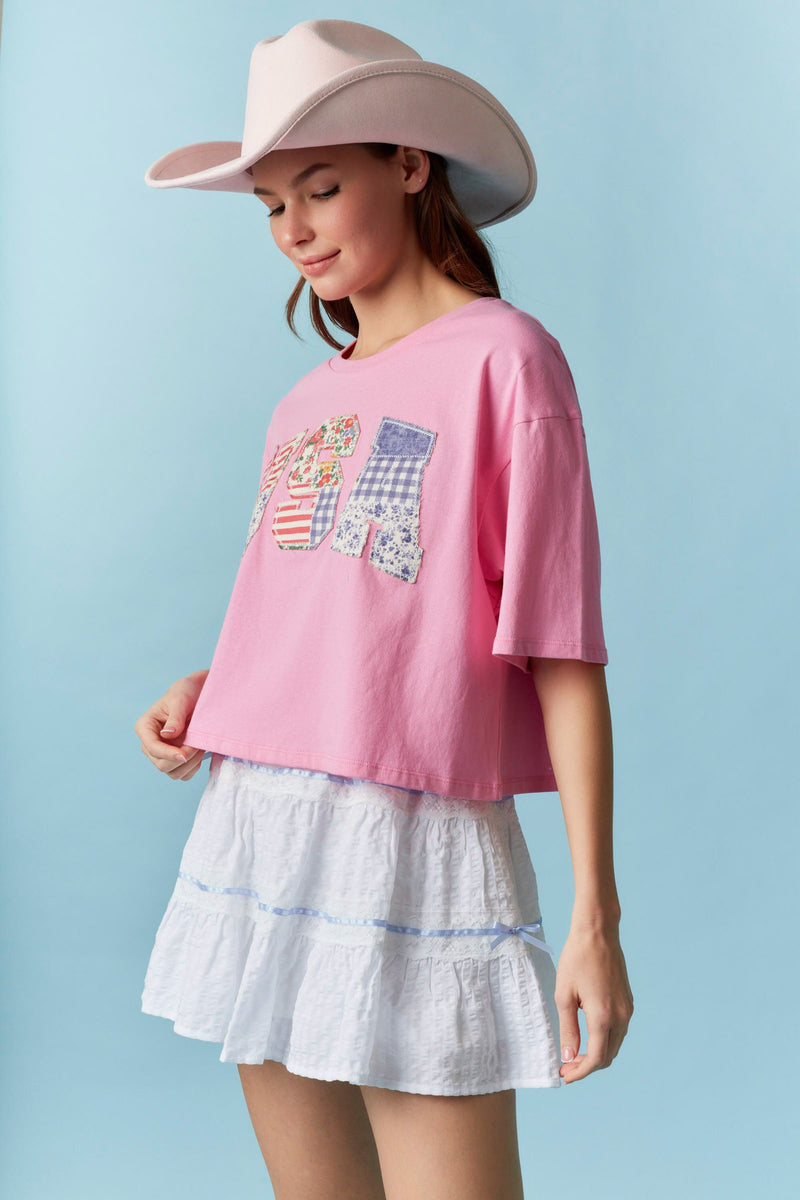 Pink USA Patchwork Cropped Tee