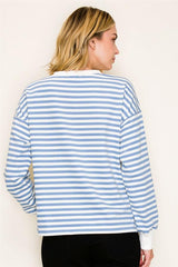 Sky Blue Striped Crew Neck Half Button Down Top
