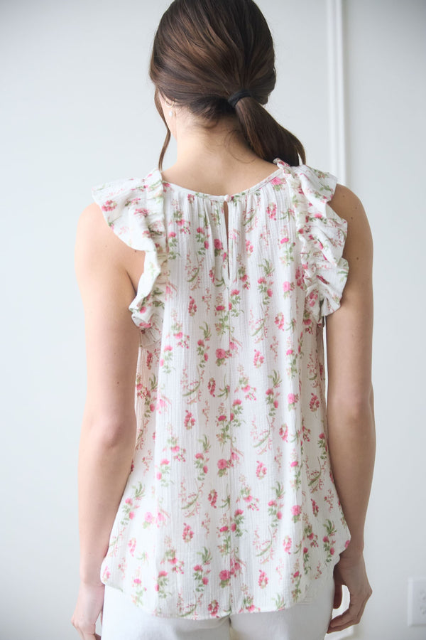 Off White Floral Ruffle Detail Sleeveless Top
