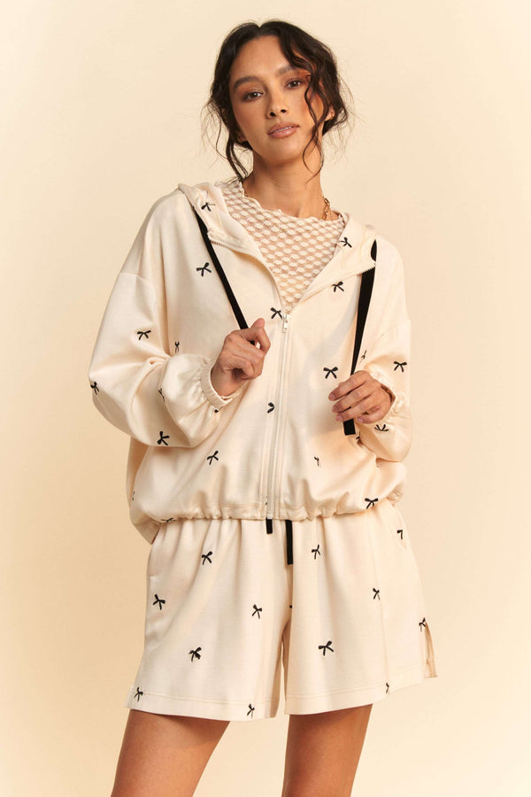 Cream Bow Embroidered Cropped Zip Up Jacket