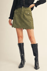 Olive Scallop Hem Faux Suede Skirt