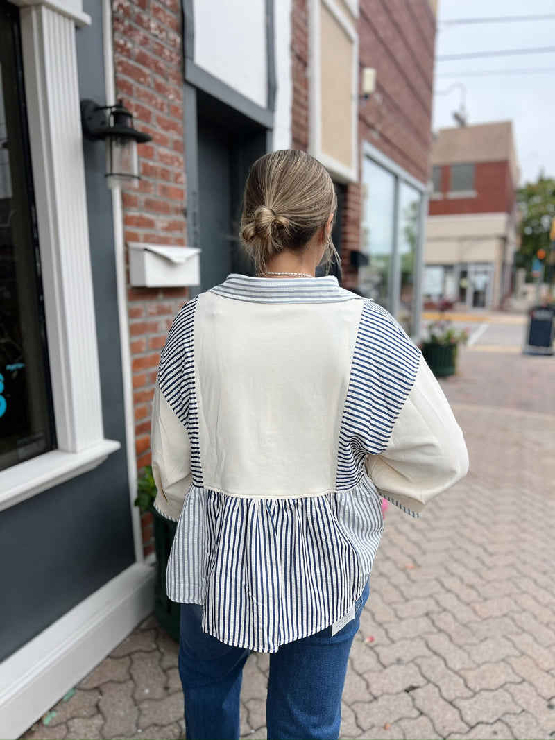 Cream and Navy Mixed Striped Top