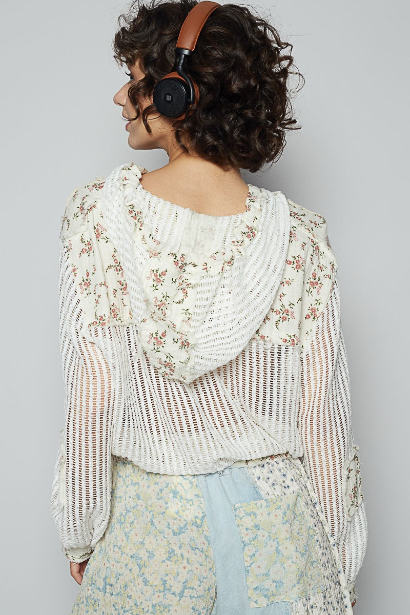 Off White Open Weaved Jacket with Floral Print Detailing