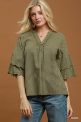 Olive Checkered Scallop Ruffled Hem Top