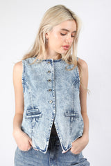 Washed Tailored Denim Button Down Vest