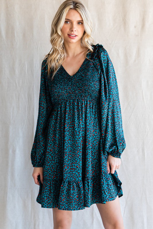 Curvy Emerald Smocked Leopard Dress