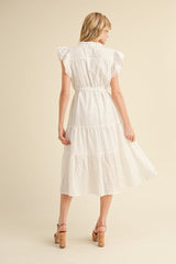 White Textured Belted Midi Dress