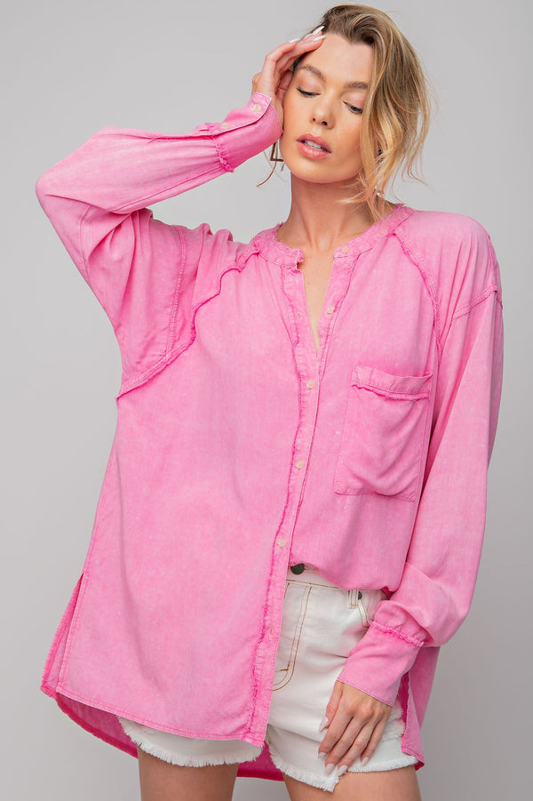 Pink Mineral Washed Raw Hem Button Down Top