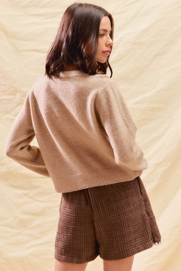 Oatmeal Front Lace Trim Cardiagn