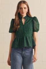 Green Puff Sleeve Eyelet Embroidered Top