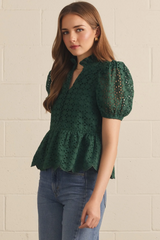 Green Puff Sleeve Eyelet Embroidered Top