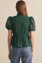 Green Puff Sleeve Eyelet Embroidered Top