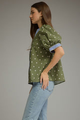 Polka Dot Button Front Short Puff Sleeve Top
