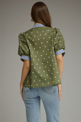 Polka Dot Button Front Short Puff Sleeve Top