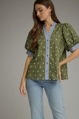 Polka Dot Button Front Short Puff Sleeve Top