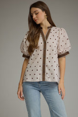 Polka Dot Button Front Short Puff Sleeve Top