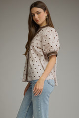 Polka Dot Button Front Short Puff Sleeve Top