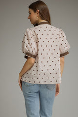 Polka Dot Button Front Short Puff Sleeve Top