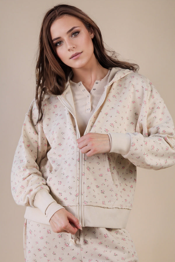 Cream Floral Oversized Zip Up Hoodie