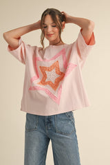 Blush Tee with Star Design Patches