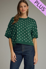 Curvy Polka Dot Round Neck Short Sleeve Sweater
