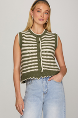 Olive Sleeveless Front Button Closure Striped Knit Vest
