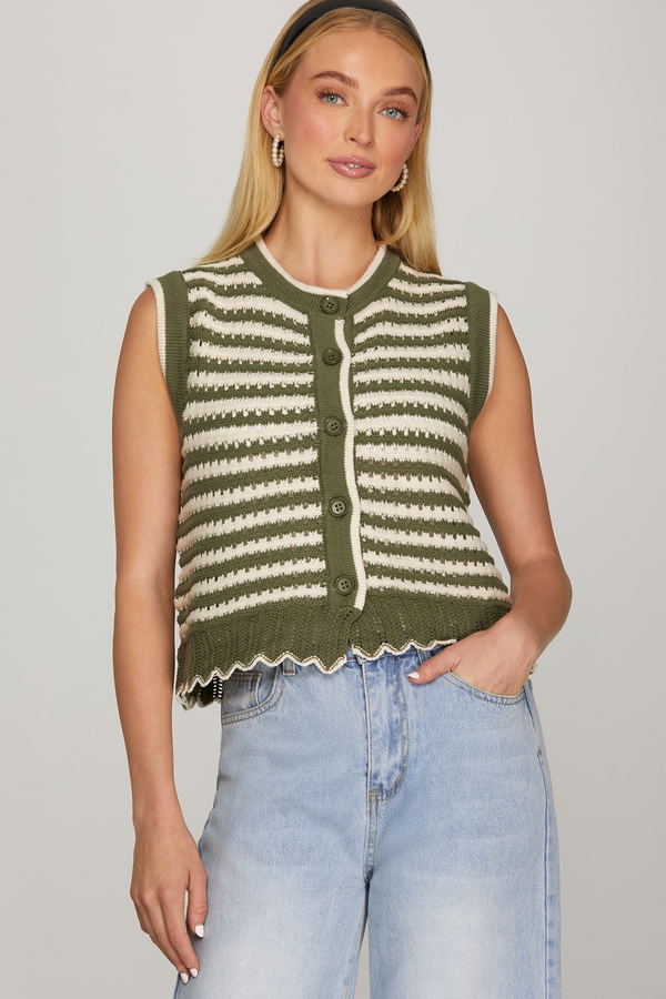 Olive Sleeveless Front Button Closure Striped Knit Vest