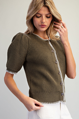 Olive Whipstitch Detail Button Front Short Sleeve Sweater