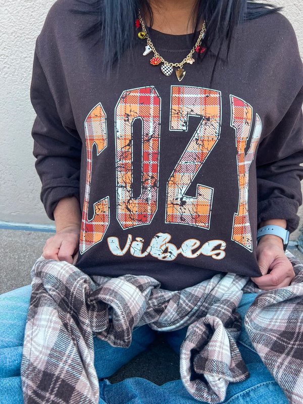 Brown Cozy Vibes Plaid Logo Sweatshirt