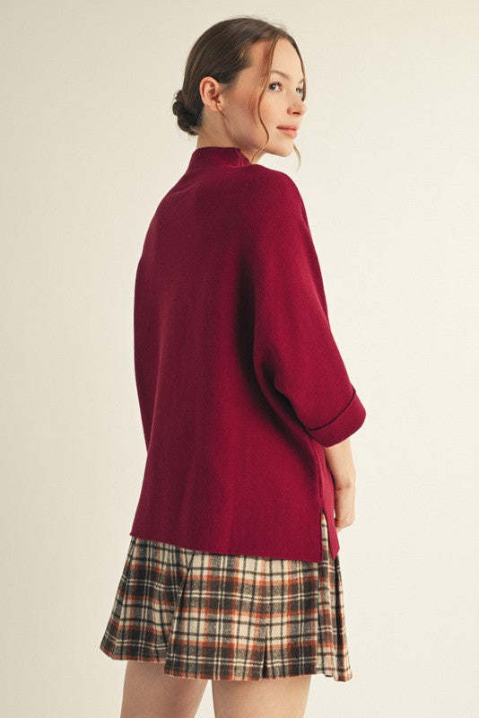 Maroon Mock Neck 3/4 Sleeve Sweater
