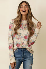 Curvy Oatmeal Floral Frilled Hem Mock Neck Top