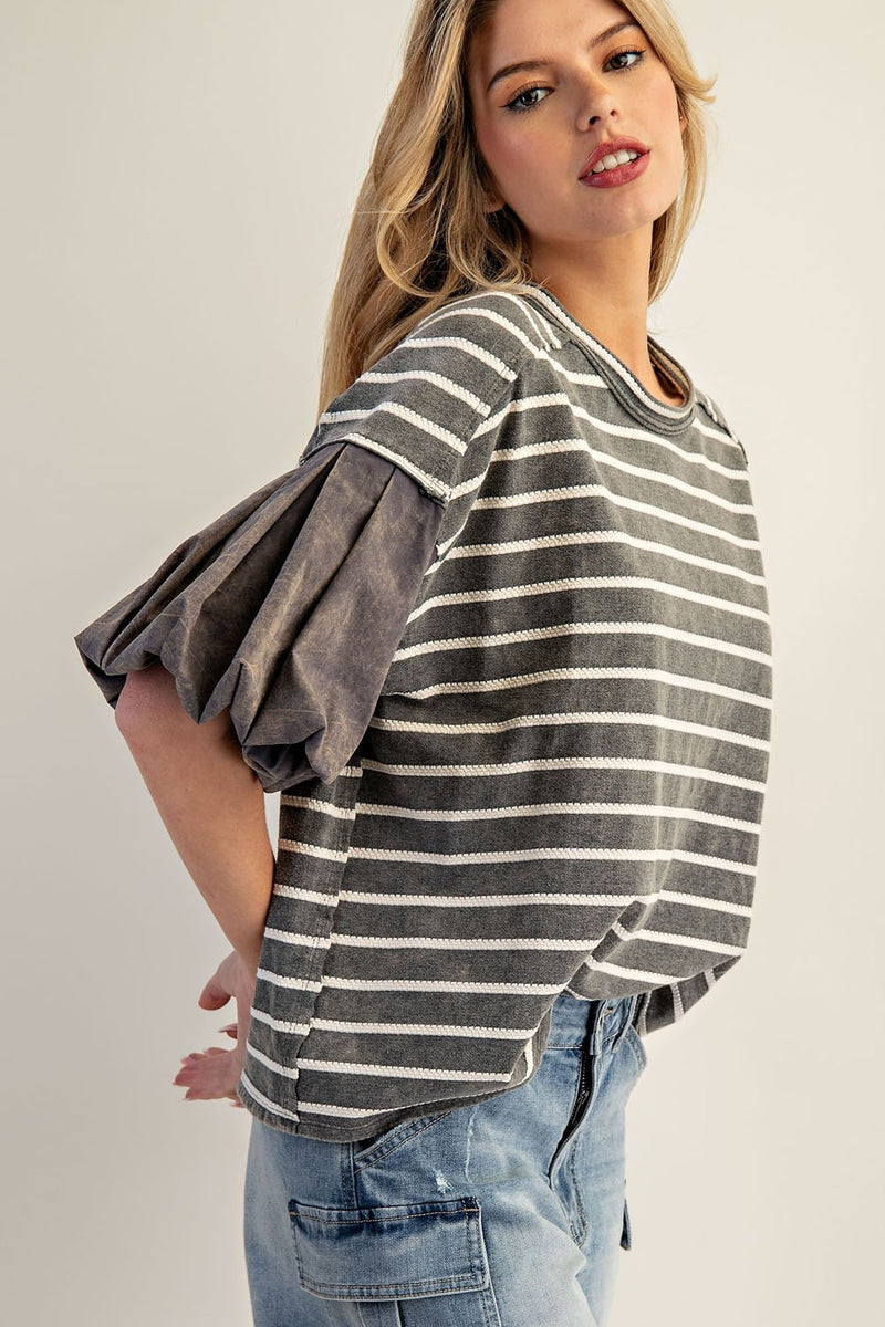 Charcoal Striped Puff Sleeve Top