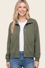 Olive Button Down Rib Band Mock Neck Jacket