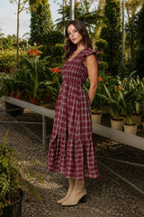 Plaid Smocked V Neck Ruffled Midi Dress