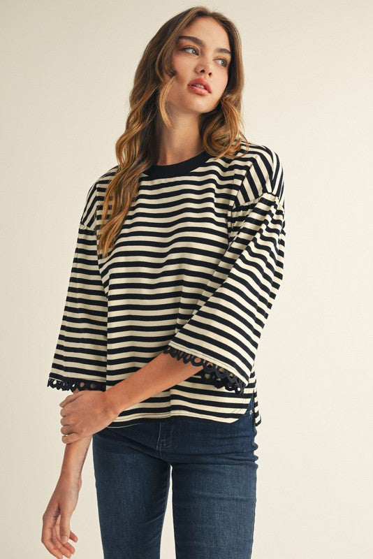 Black Striped Top With Lace Trim