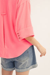 Neon Pink Pleat Back Detail Button Front Top
